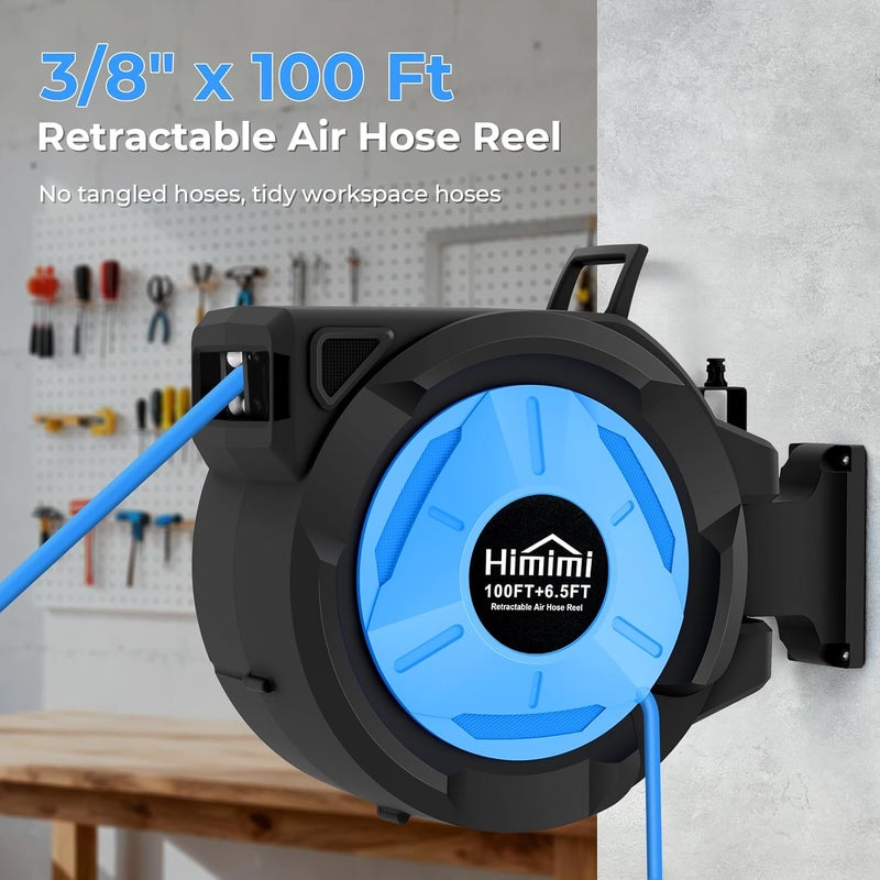 Himimi Retractable Air Hose Reel, 3/8" x 100 Ft Hybrid Hose Air Compressor Hose Reel with 6.5 Ft Lead-in Max 300 PSI, Air Hose with Any Length Lock, Automatic Rewind, 180° Swivel Bracket, Quick Coupler - Image 2